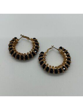 Black Crystal Hoop Pierced Earrings Gold-tone Bead Statement French Clips